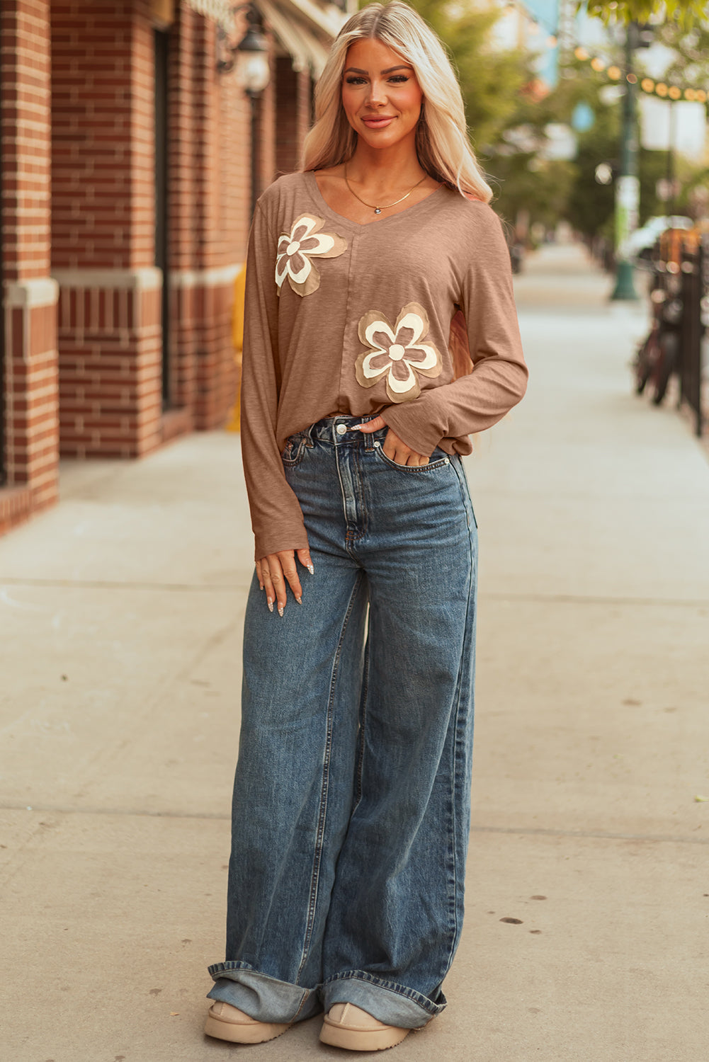 Floral Long-Sleeved Patchwork V-Neck T Shirt