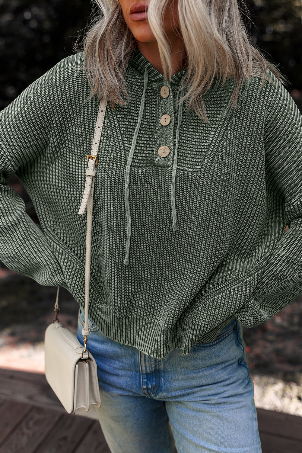 Mineral Wash Rib-Knit Knit Button Drawcord Neck Hooded Knit Top