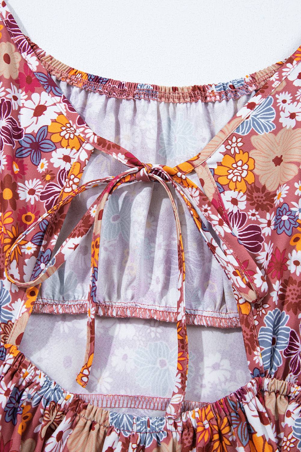 Floral Puff Sleeve Square Neck Knot Open Back Mini Dress