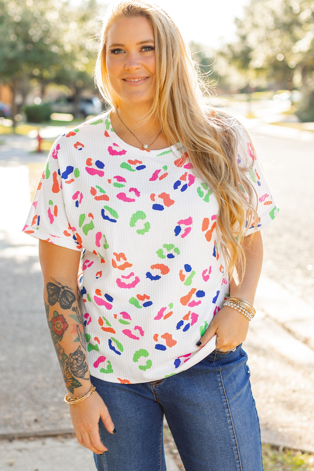 Multicolor Leopard Print Textured Plus Size T Shirt