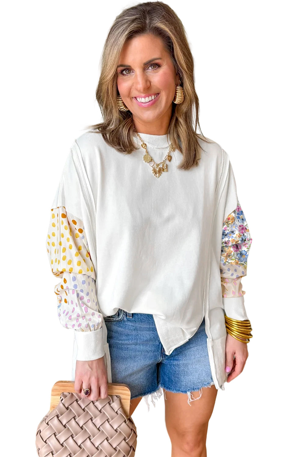 Floral Dotted Mixed Print Patchwork Sleeve High Low Everyday Sweatshirt