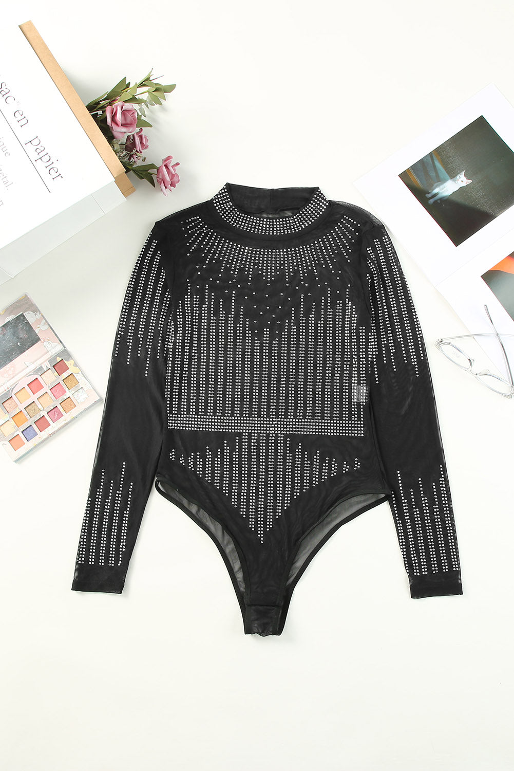 Women's Mesh Rhinestone Semi-Sheer Bodysuit