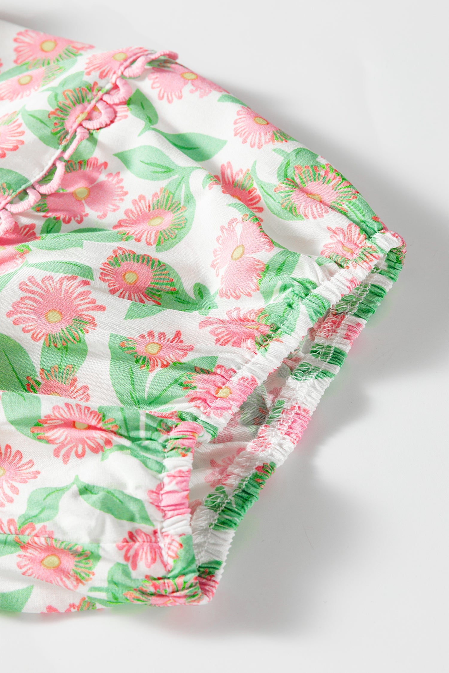 Ricrac Trim Pink Trim Floral Short Puff Sleeve Dress in Green