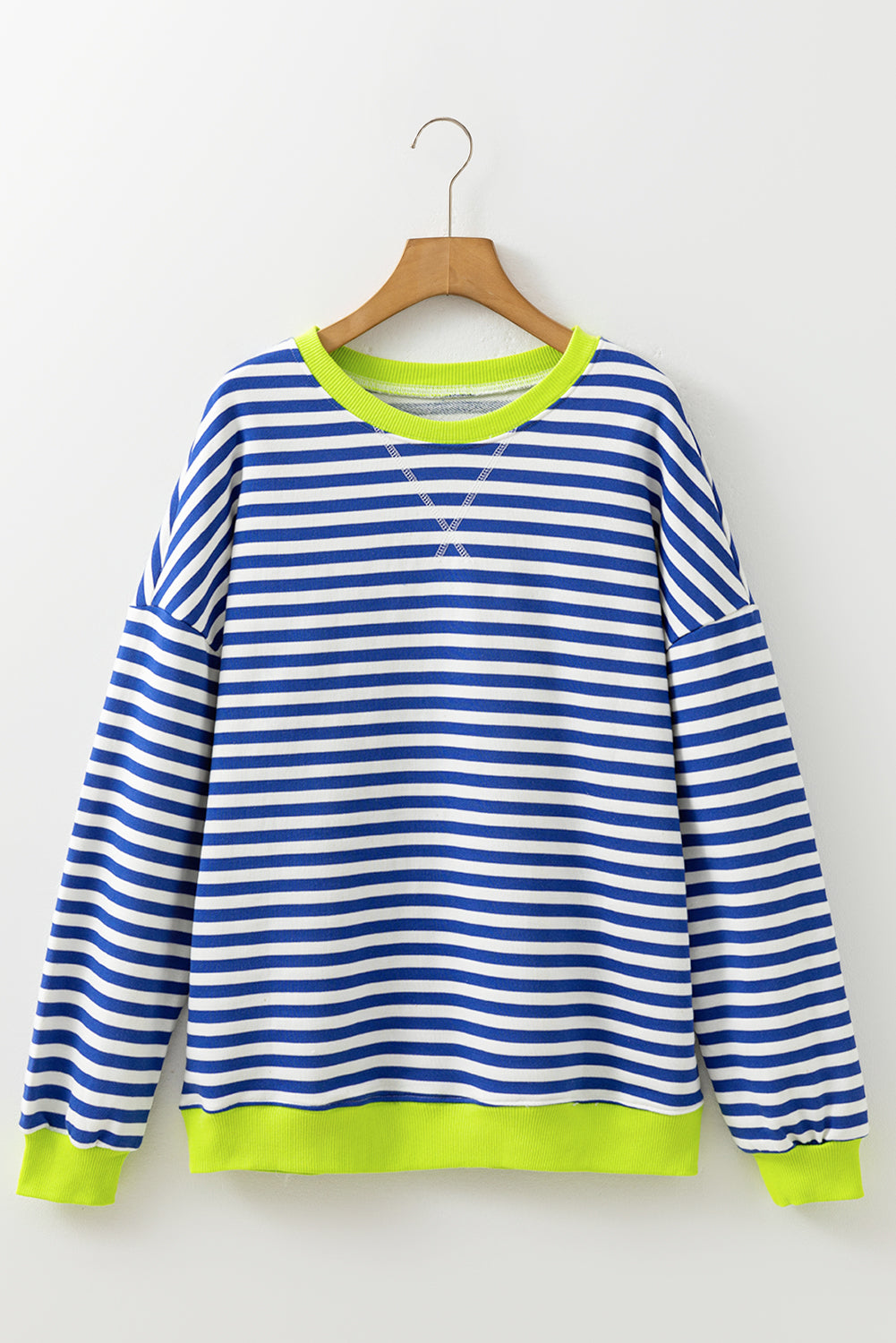 Striped Contrast Rib-Knit Trim Crossed Stitch Drop-Shoulder Sweatshirt Style