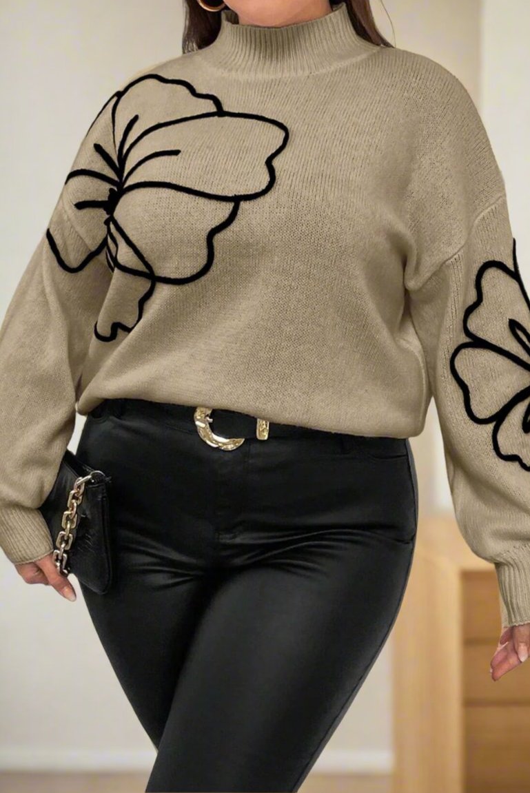 Pull à Grandes Fleurs à Col Haut et Épaules Tombantes de Grande Taille