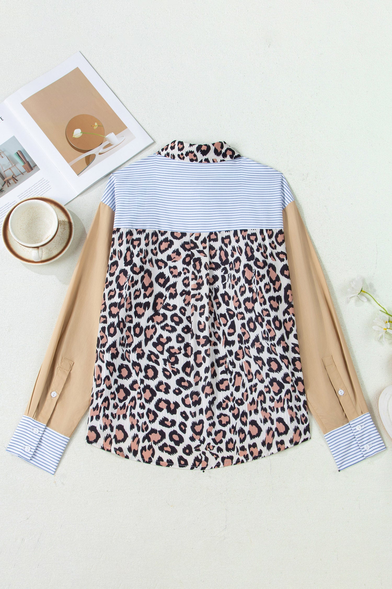 Patchwork Colorblock Leopard Chest Pocket Cuffed Sleeve Shirt