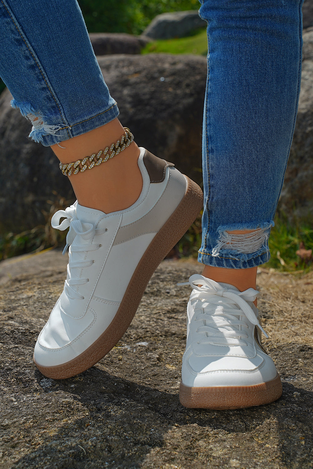 Color Contrast PU Leather Lace-up Sneakers