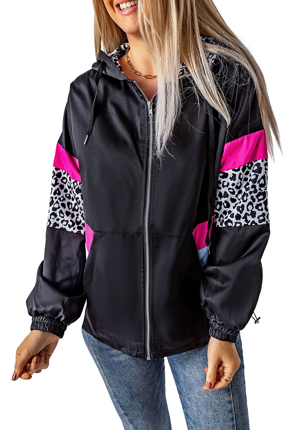 Women's Jacket with Color-Block Pockets Black Zip-Front Hooded Leopard-Print