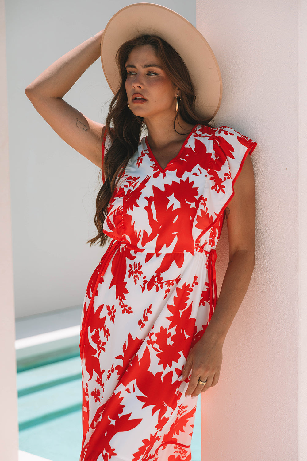 Floral-Print Ruffle Trimmed V-Neck Sleeve Long Dress
