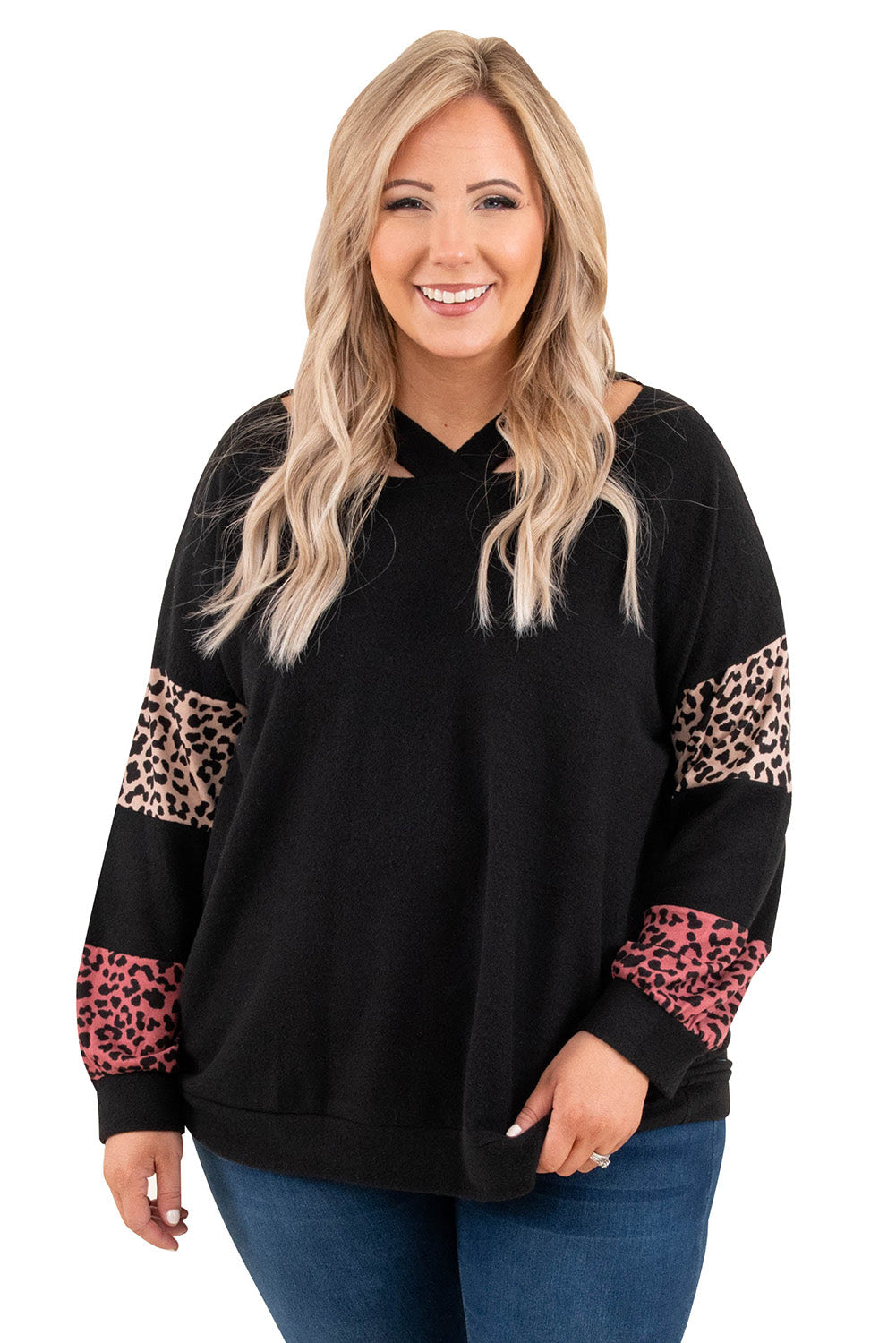 Women's Top Featuring Plus Size Leopard-Print Patchwork Strappy Neck