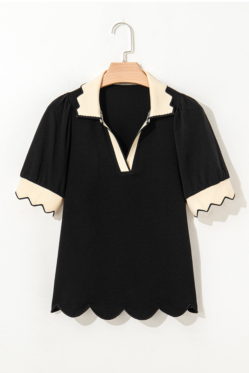 Color V-Neck Contrast Collared Puff Sleeve Blouse