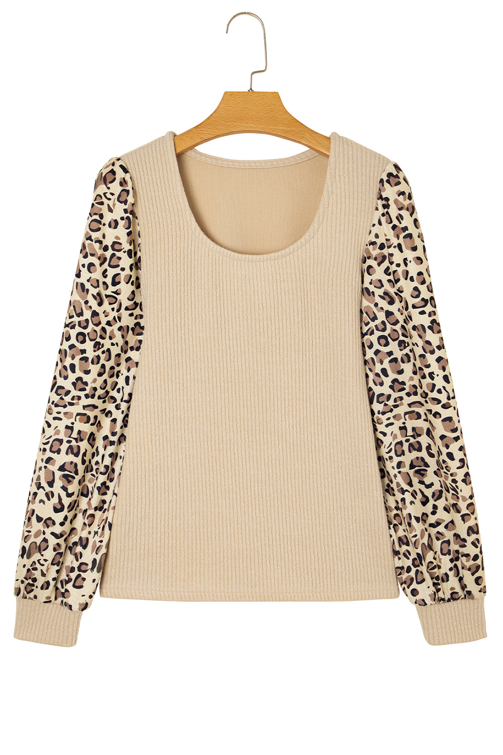 Leopard Sleeve Patchwork Rib-Knit Knit U Neck Top
