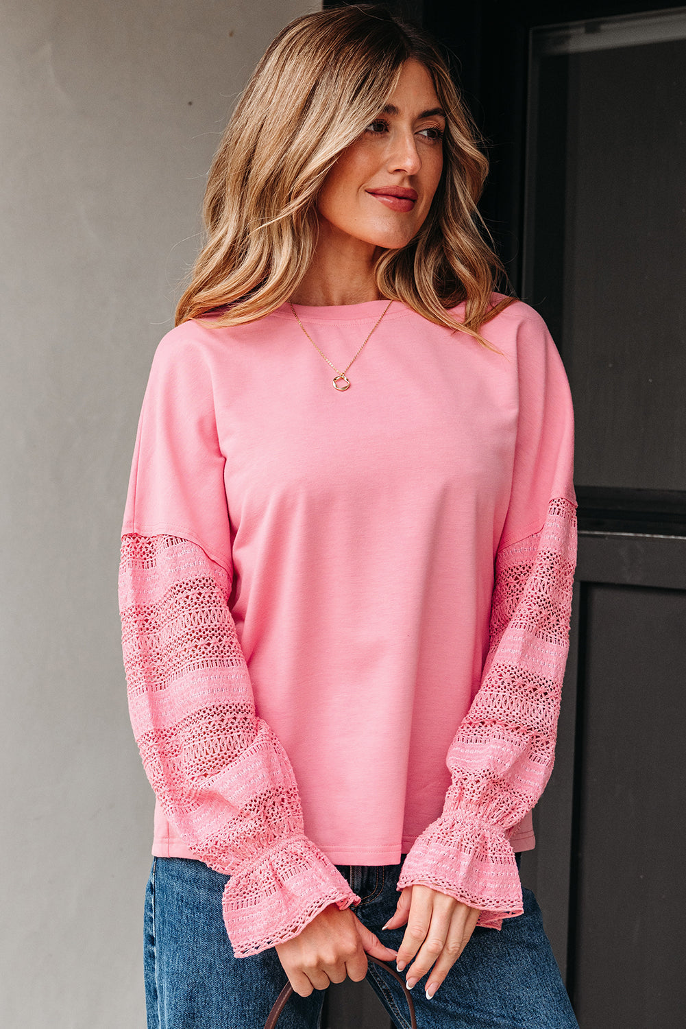 Drop-Shoulder Sleeve Lace Ruffled Patchwork Loose Sweatshirt