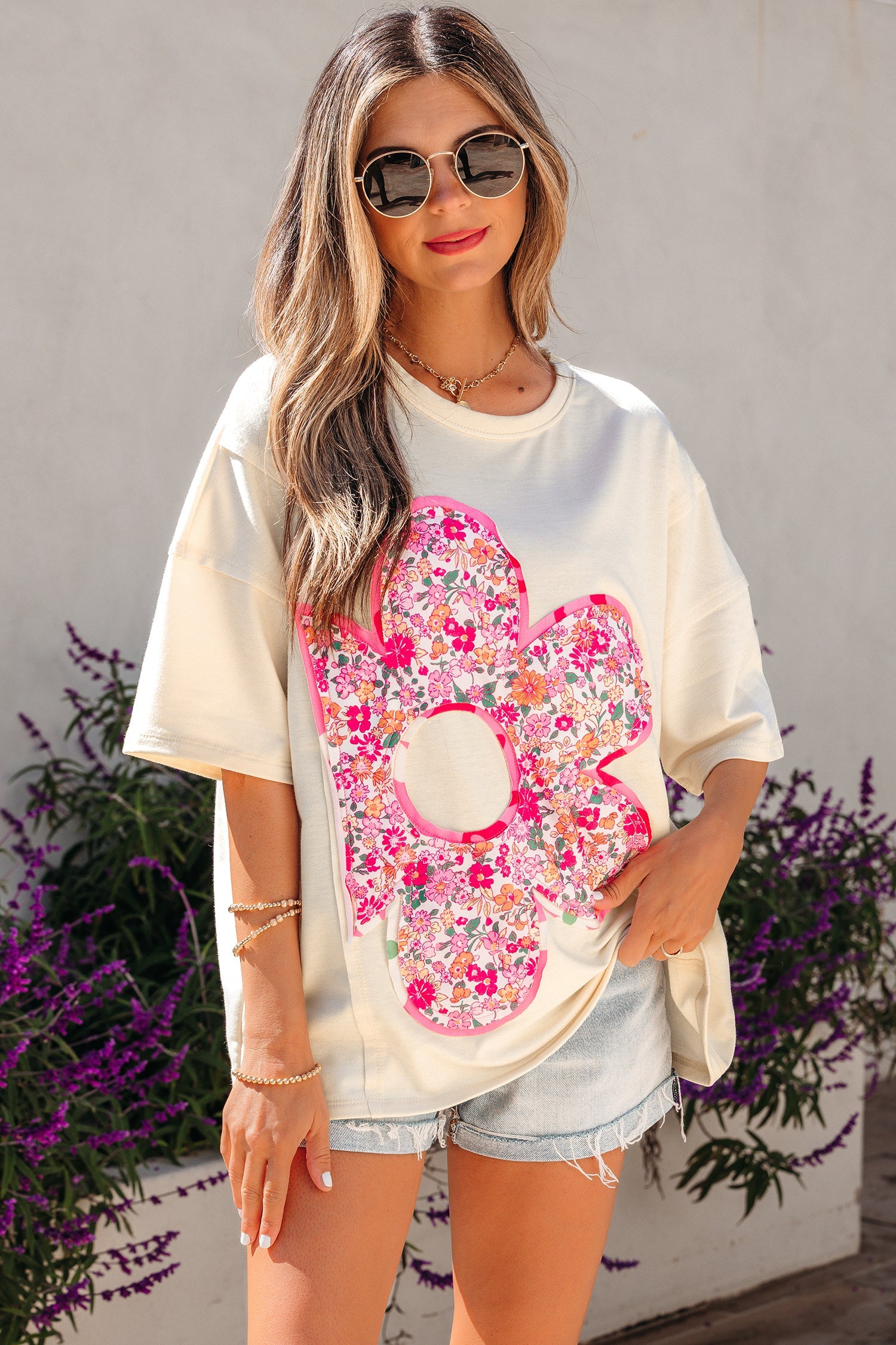 Floral Patched Raw Seam Big Flower Oversize Tee