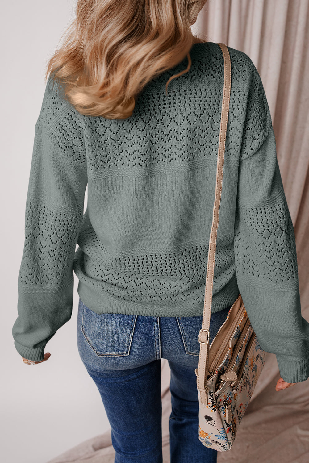 Mist Green Eyelet Pattern Detail V Neck Drop Shoulder Sweater