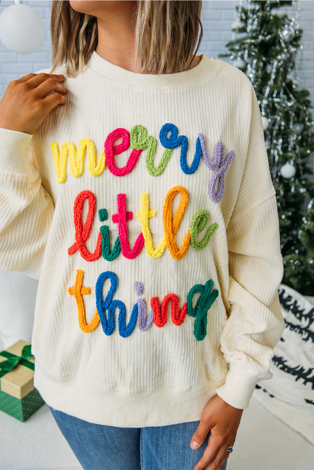 little thing merry thing Corded Letter Graphic Rib-Knit Loose Sweatshirt