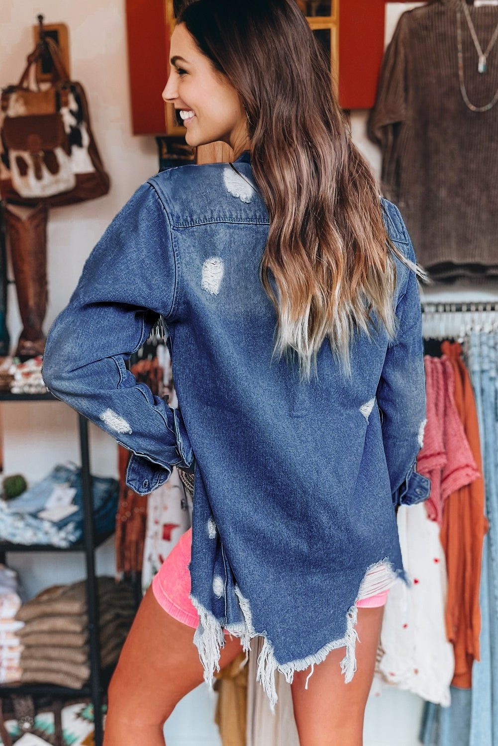 Light Frayed Wash Distressed Long Denim Jacket in Sky Blue