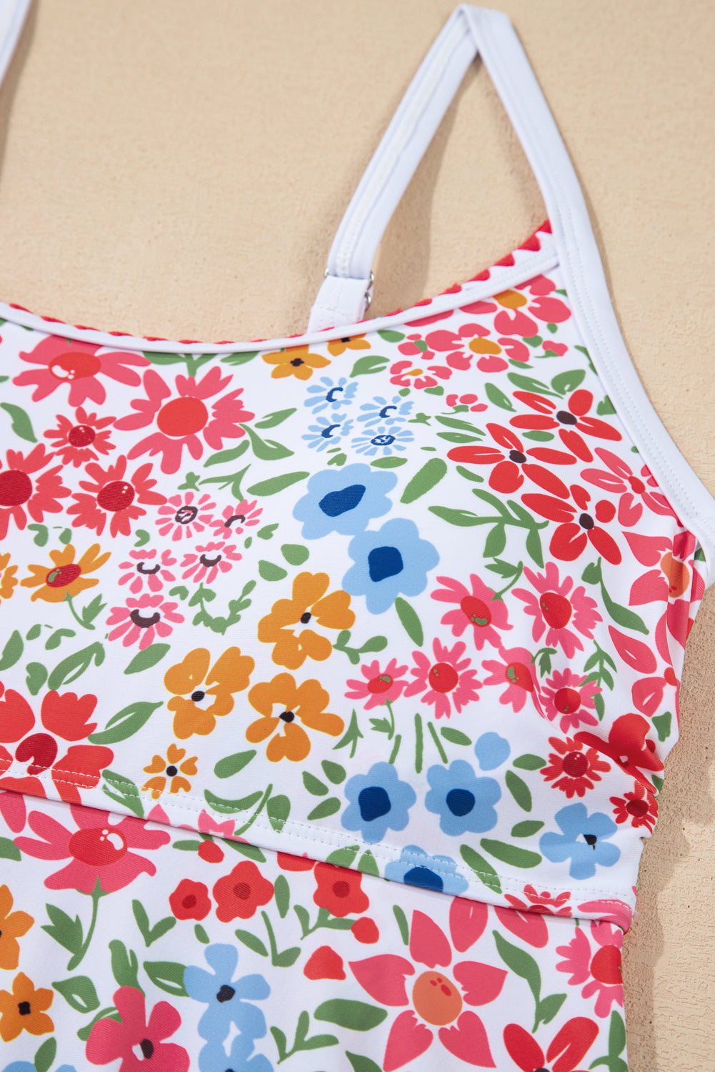 Trim Floral-Print Ricrac Spaghetti Strap One Piece Swim Dress in Red