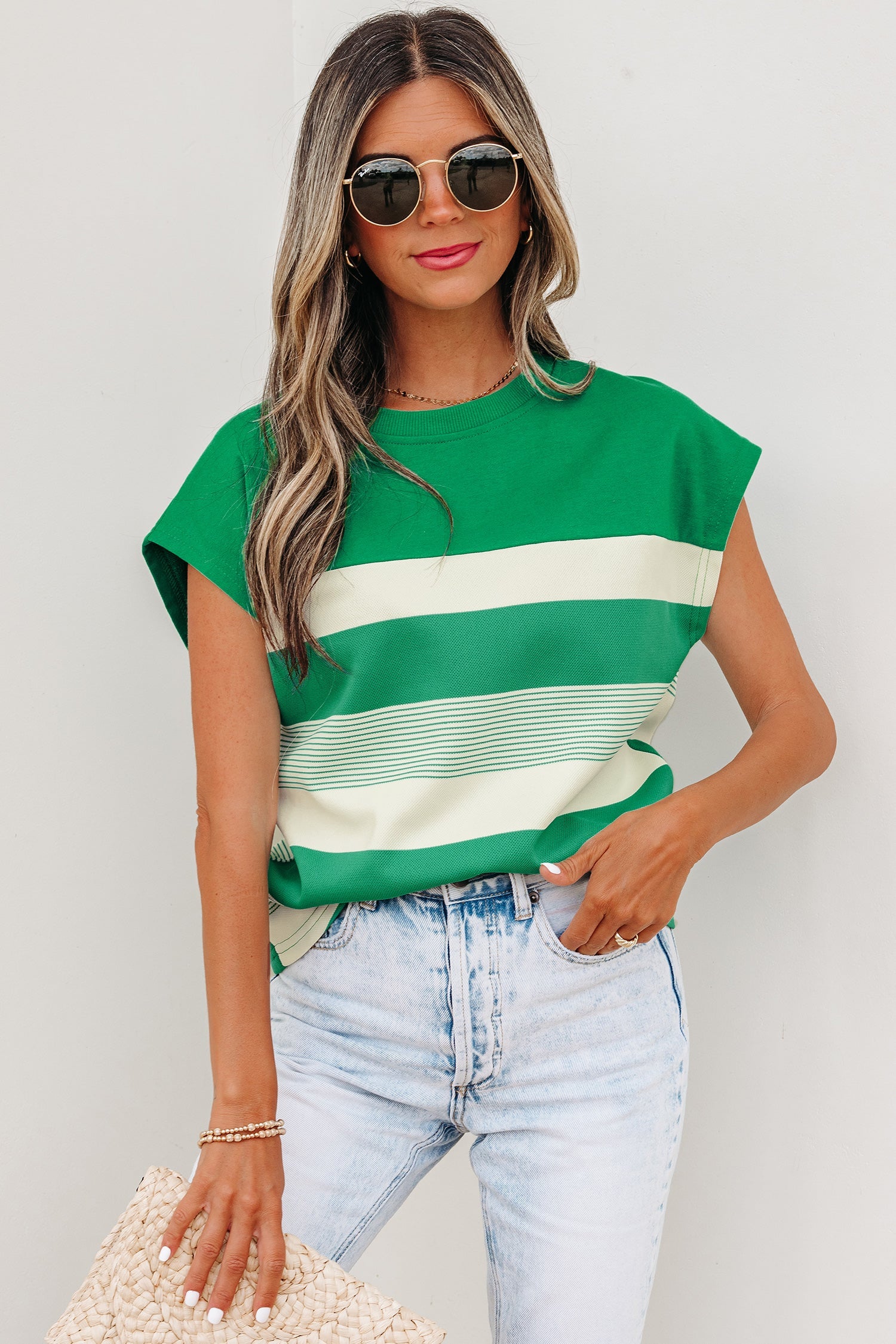 Timeless Mixed Green Stripe Print Crew-Neck Cap Sleeve T Shirt