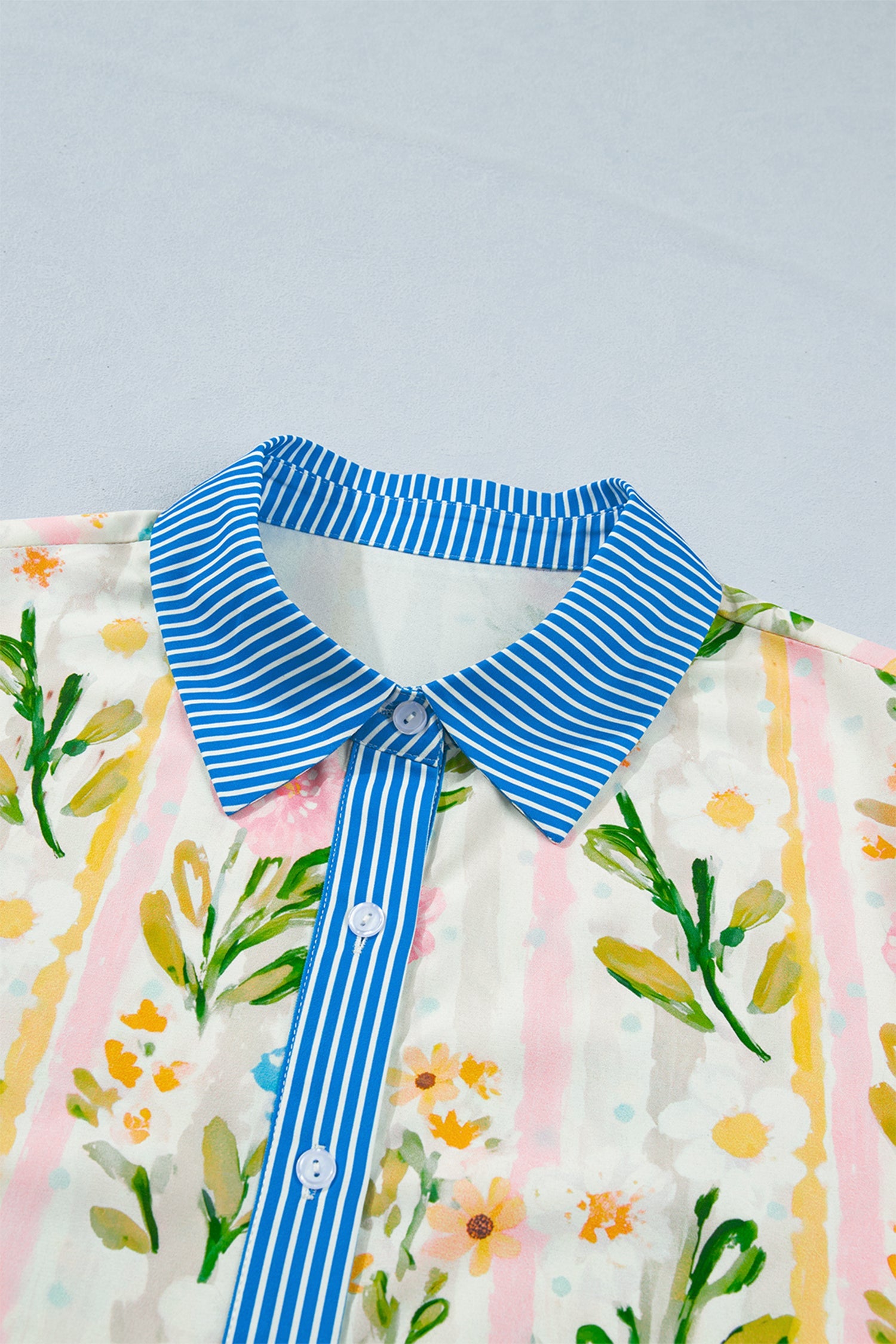 Polished Striped Multicolour Floral-Print Trim Button Down Shift Dress