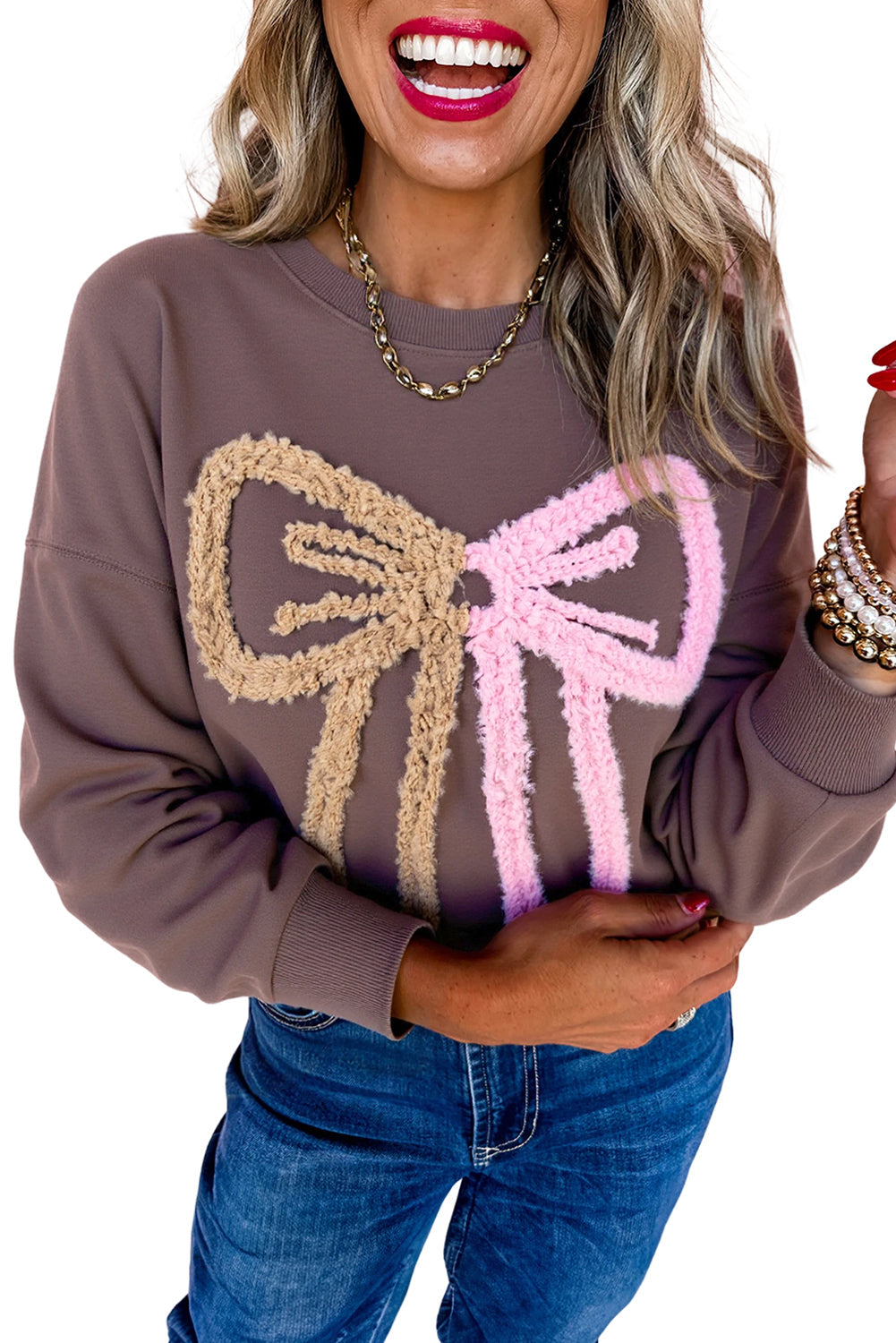 Terry Bow Contrast Bow Pattern Drop-Shoulder Sweatshirt