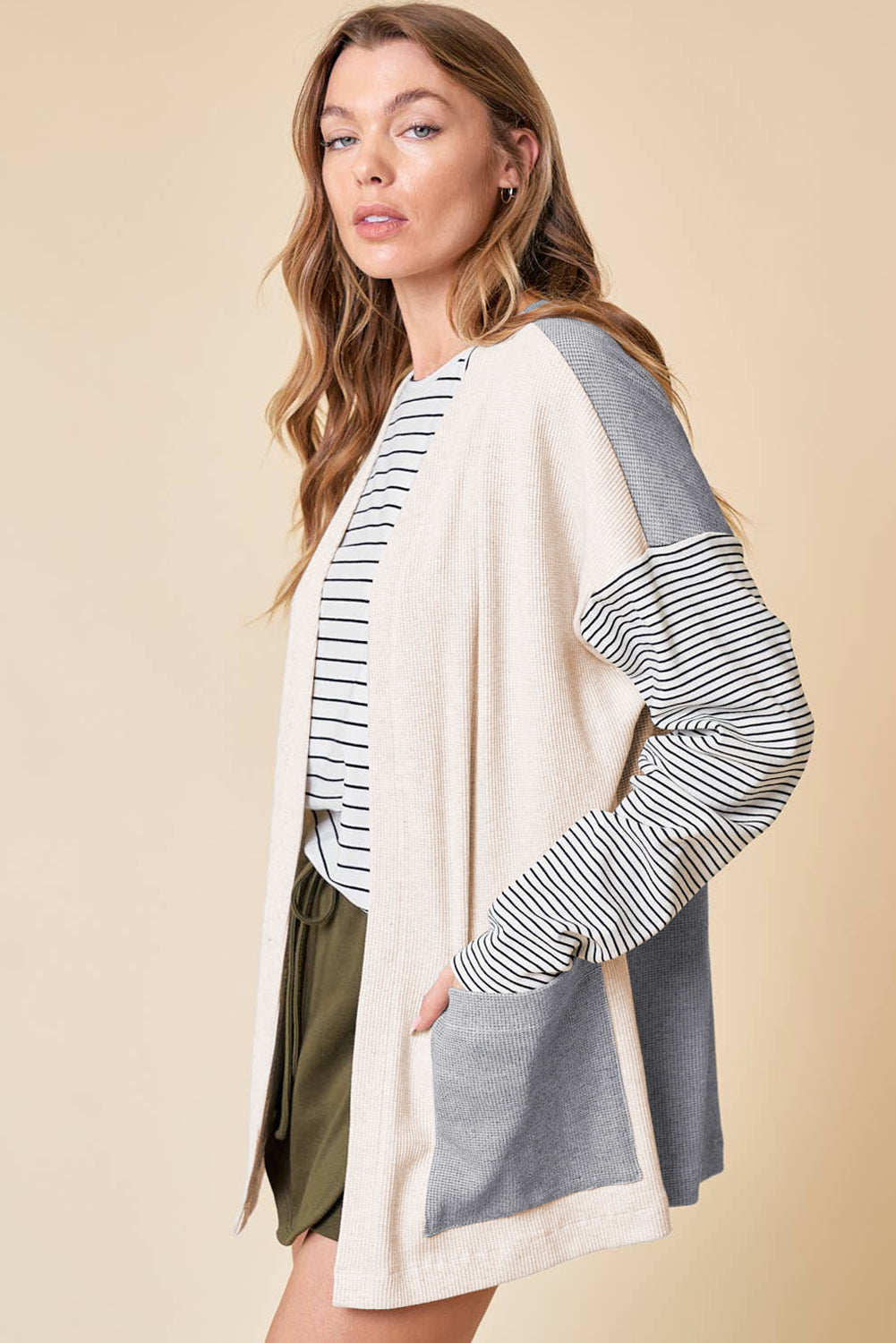 Patchwork Stripe Colorblock Open-Front Cardigan Featuring a Pocket in Black