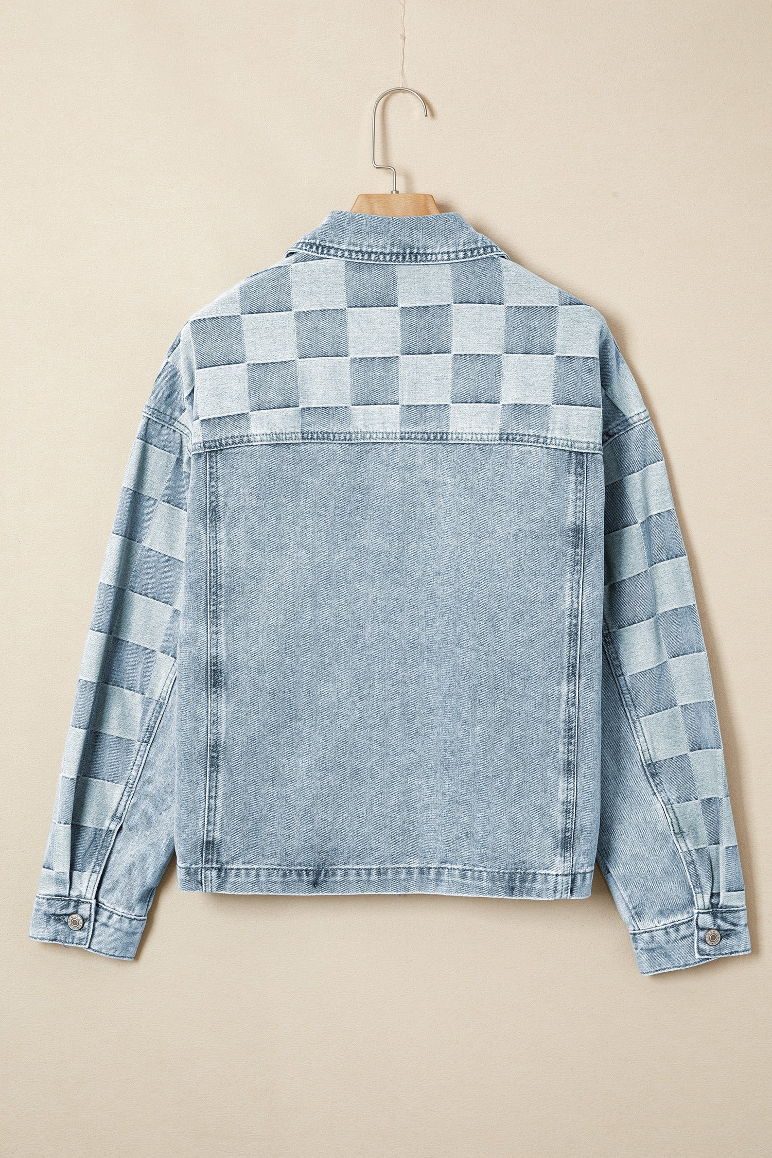 Pattern Denim Checkered Patchwork Womens Everyday Jacket in Beau Blue
