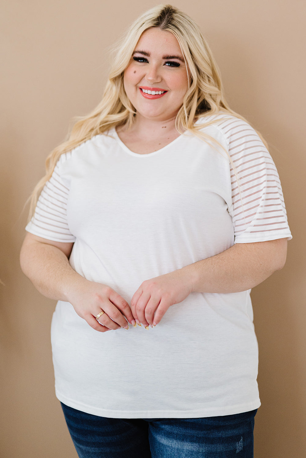 Striped Everyday White Raglan Sleeve Plus Size Tee