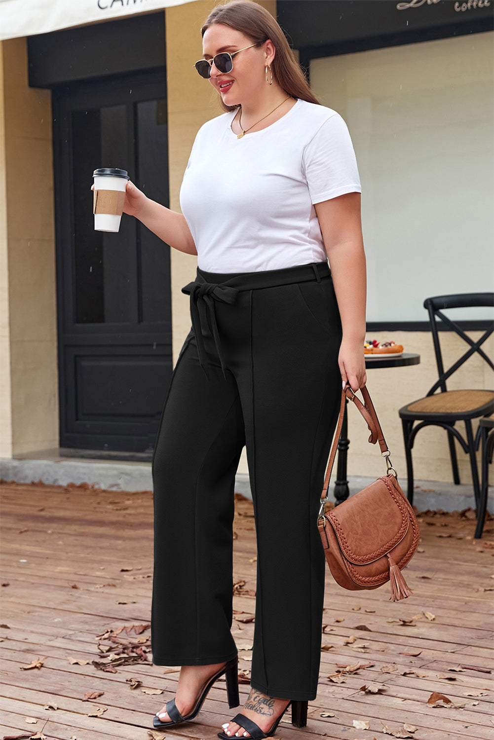 Knot Plus Size Waist Textured Shift Pants in Black