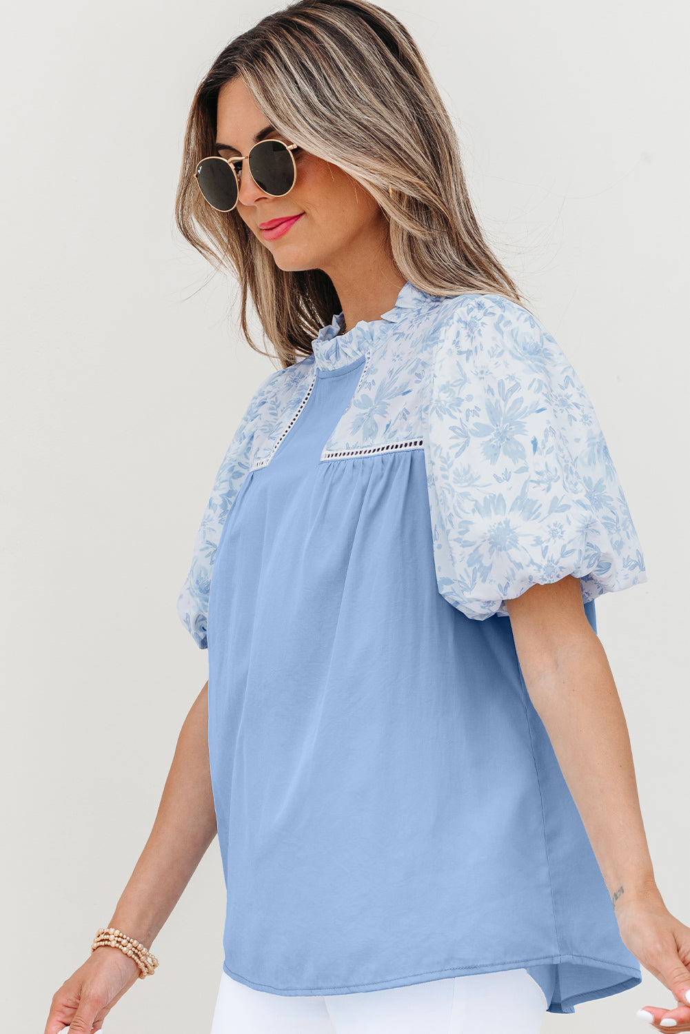 Floral Lace Insert Puff Sleeve Patchwork Loose Blouse