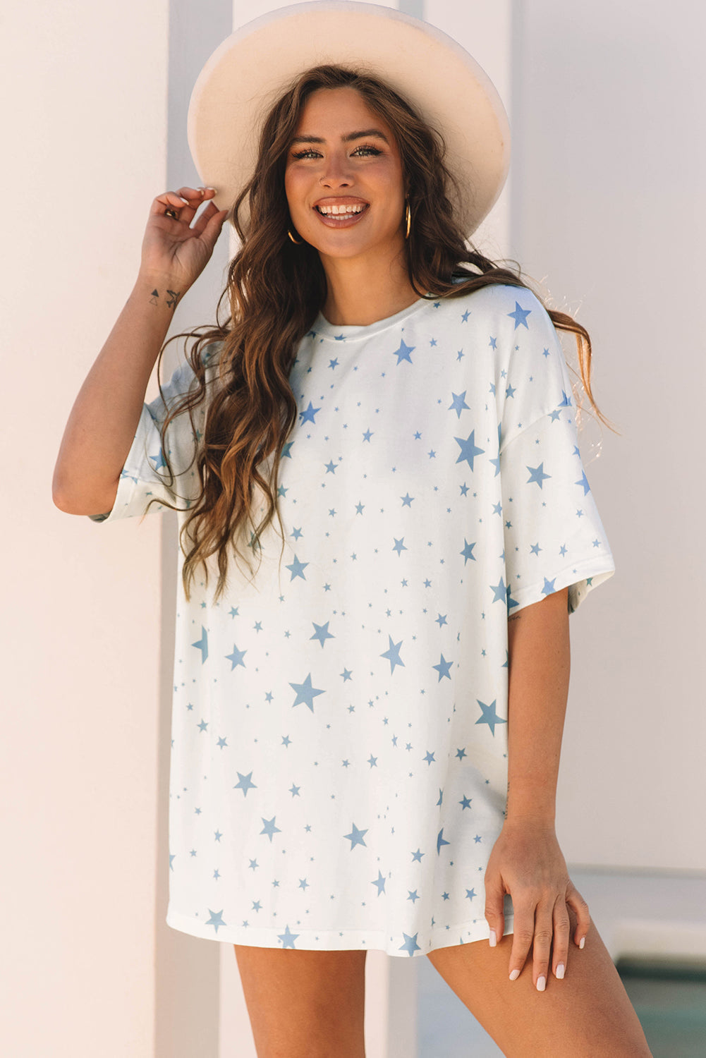 Stars Print Drop-Shoulder Roomy T Shirt with Slits
