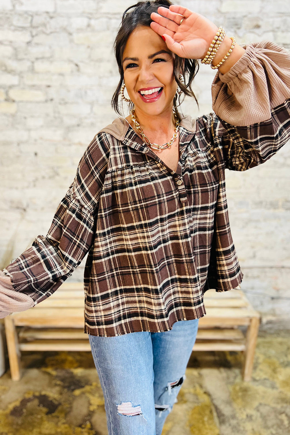 Long-Sleeved Plaid Patchwork Button Hooded Blouse