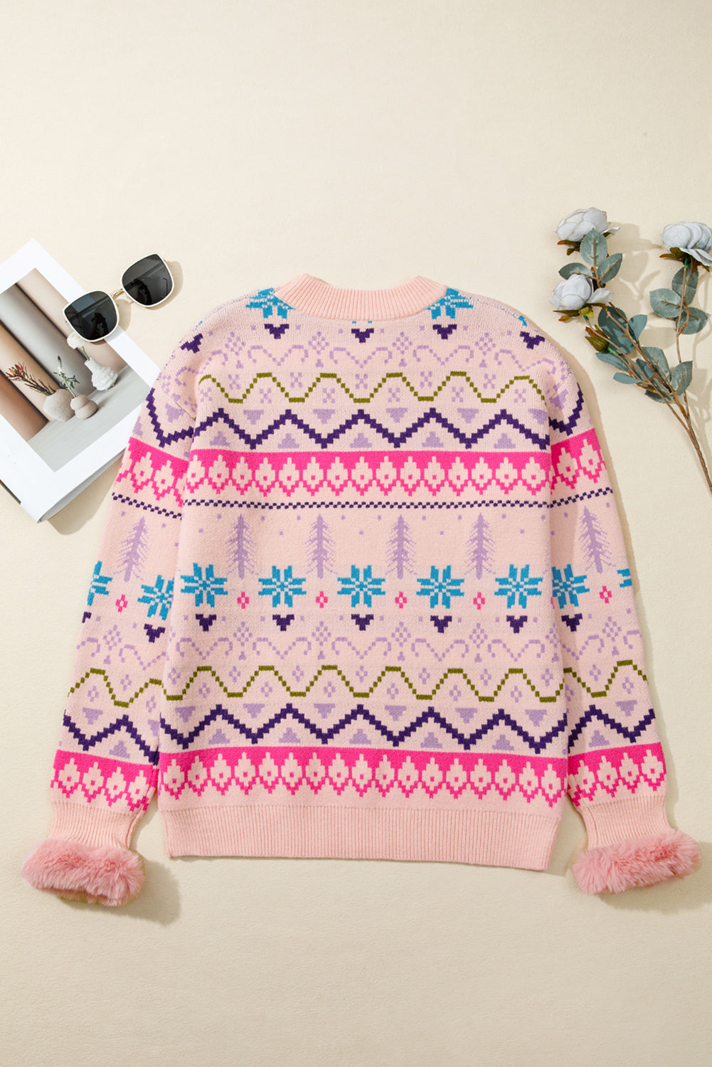 Ethnic Christmas Pattern Knit Feather Cuffed Knit Top