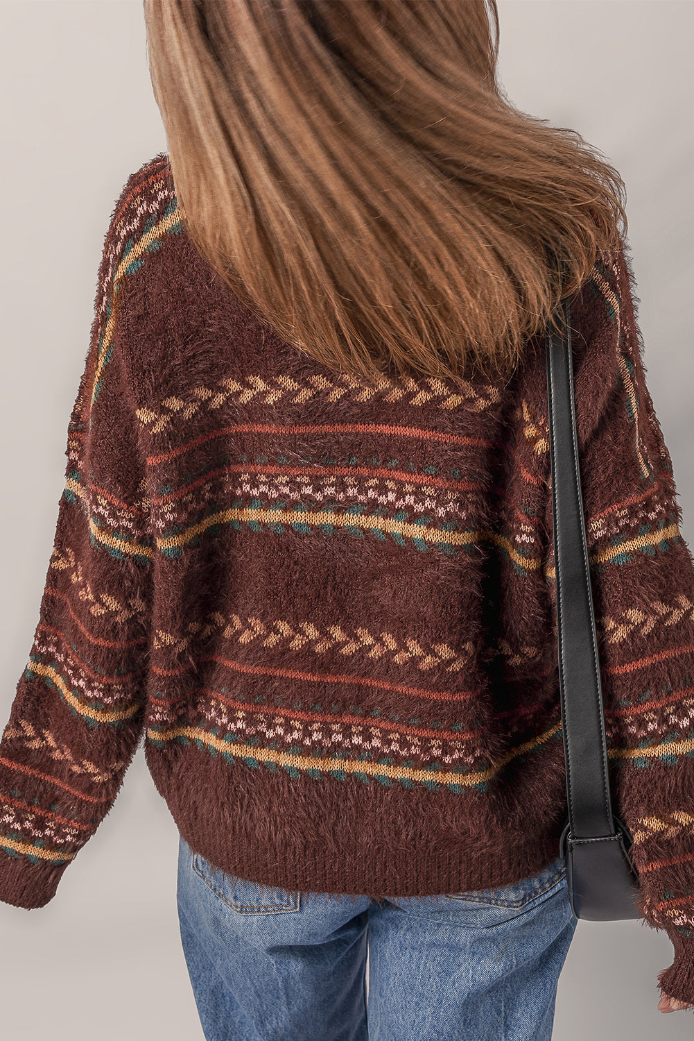 Ethnic Knit Pattern Mohair Drop-Shoulder Knit Top