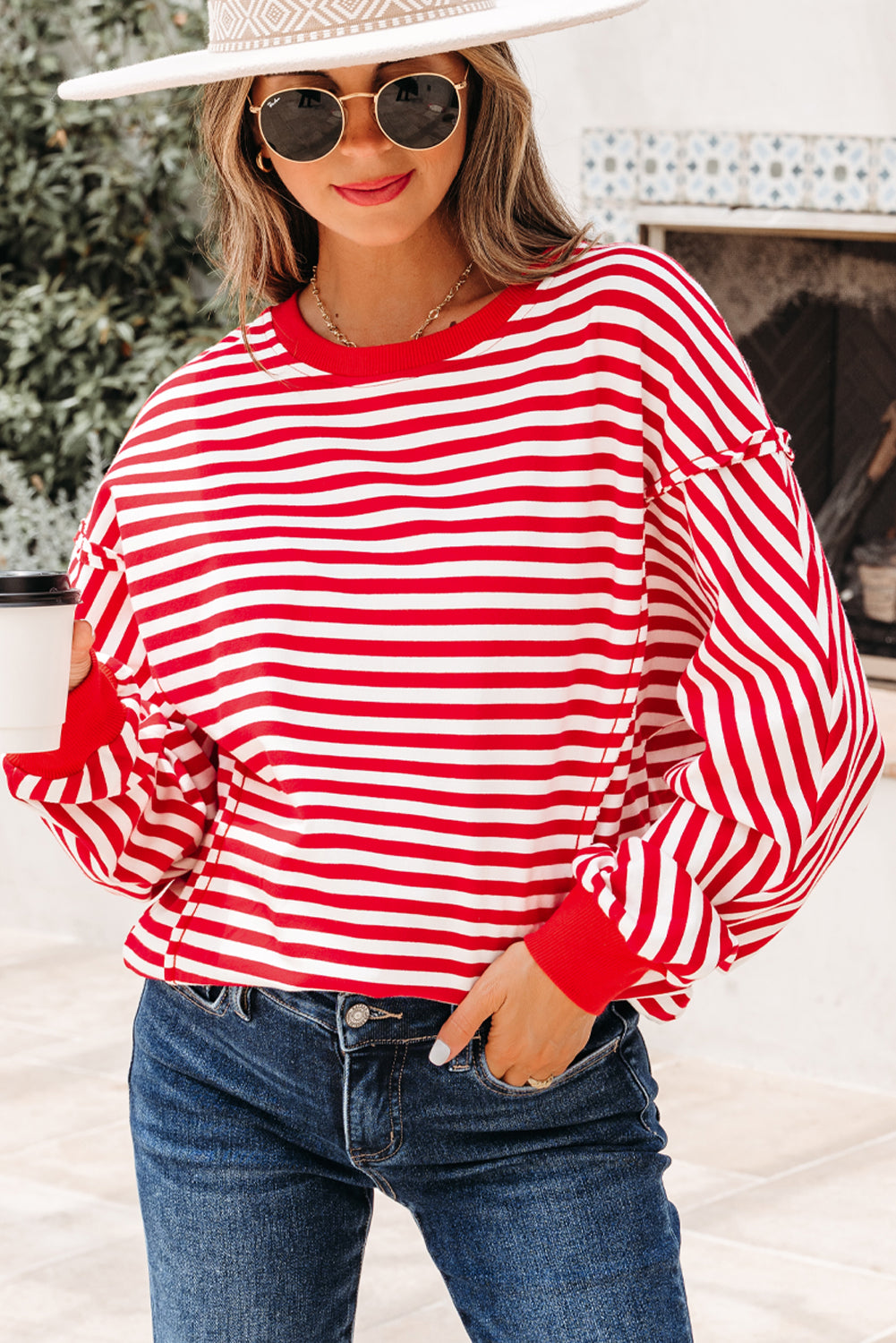 Exposed Seam Stripe Seam Cotton Everyday Pullover Top in Red