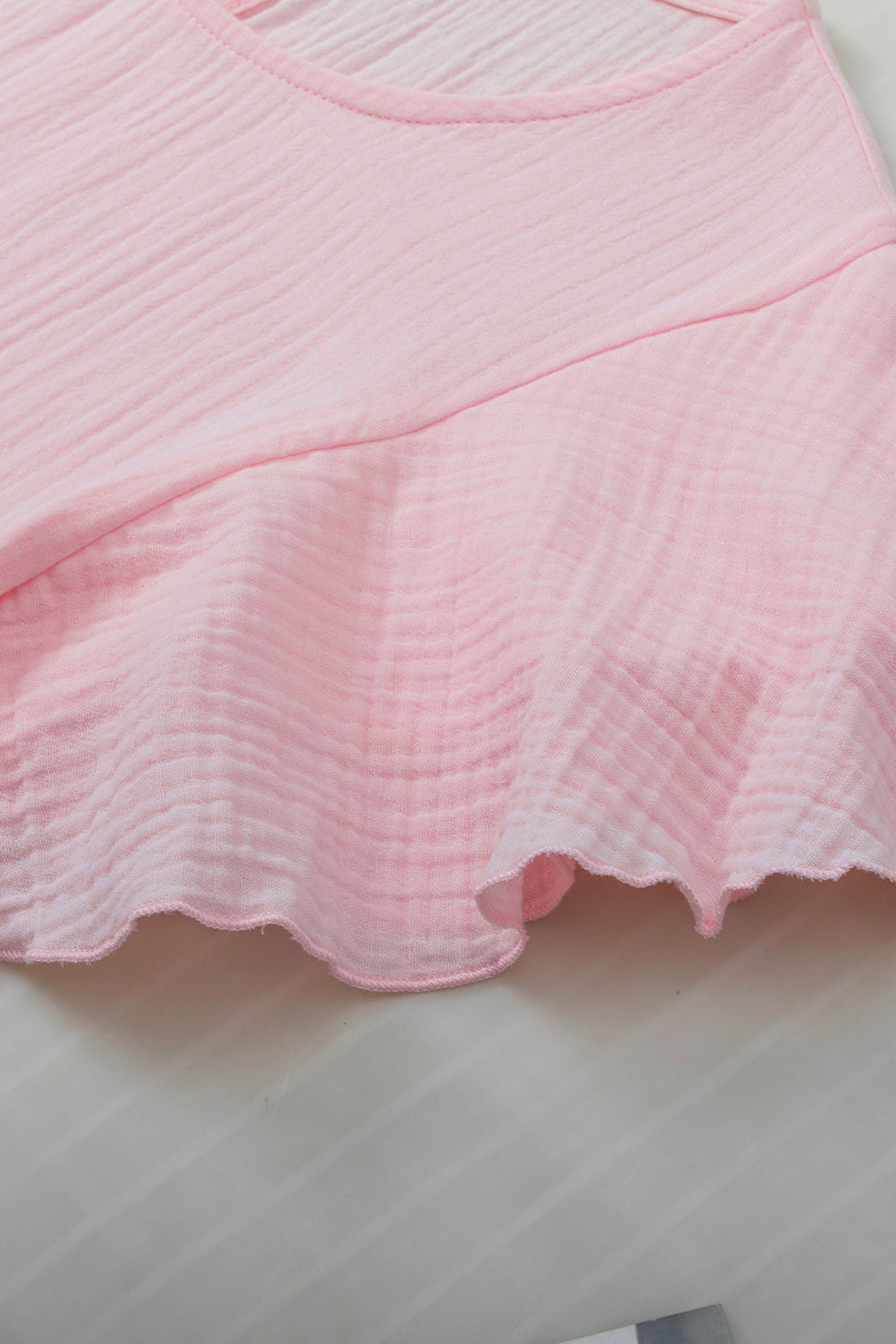 Pink Crinkled Cotton Gauze Ruffle Sleeve Blouse
