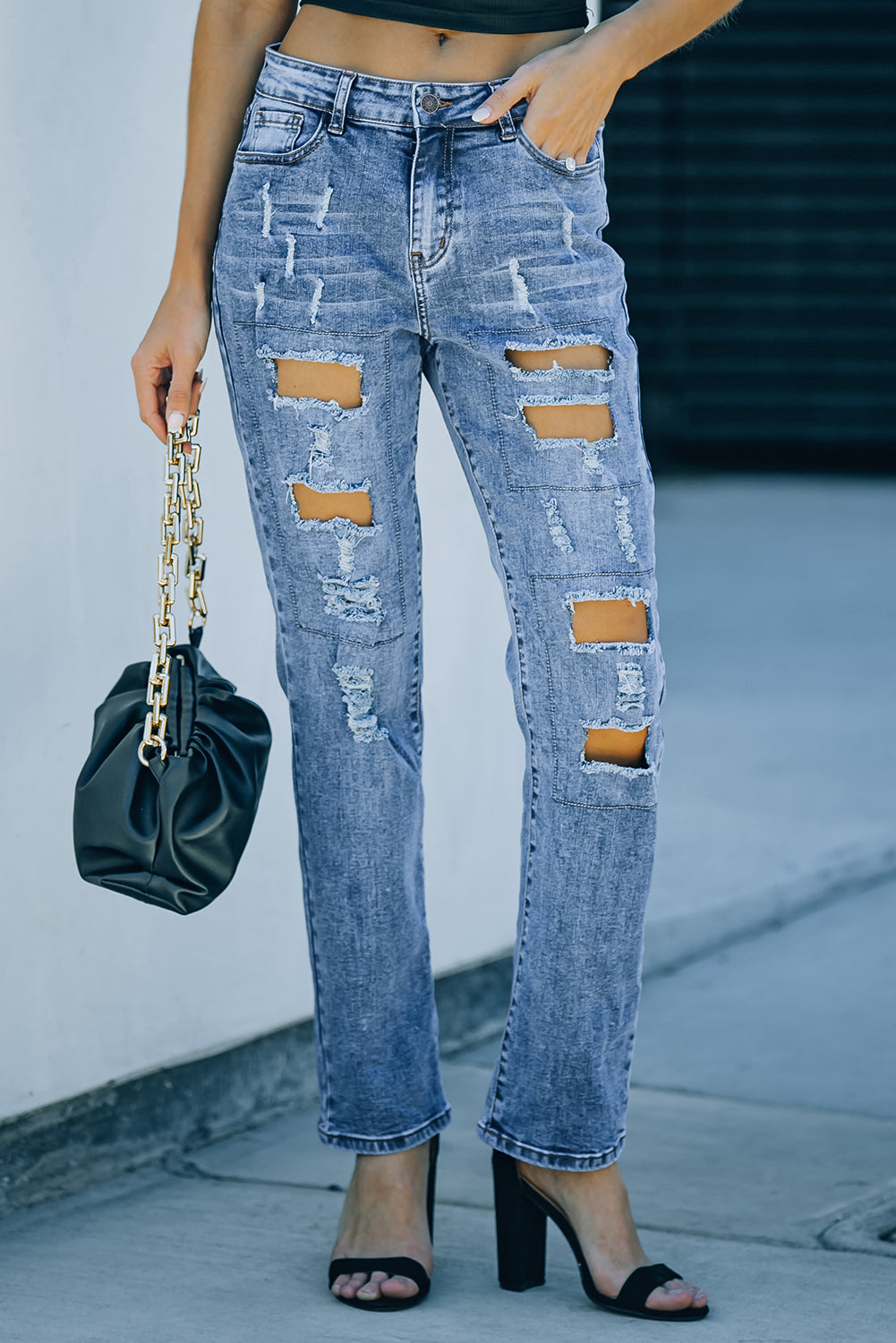 Women's Jeans Featuring Distressed Sky Blue Button-Front