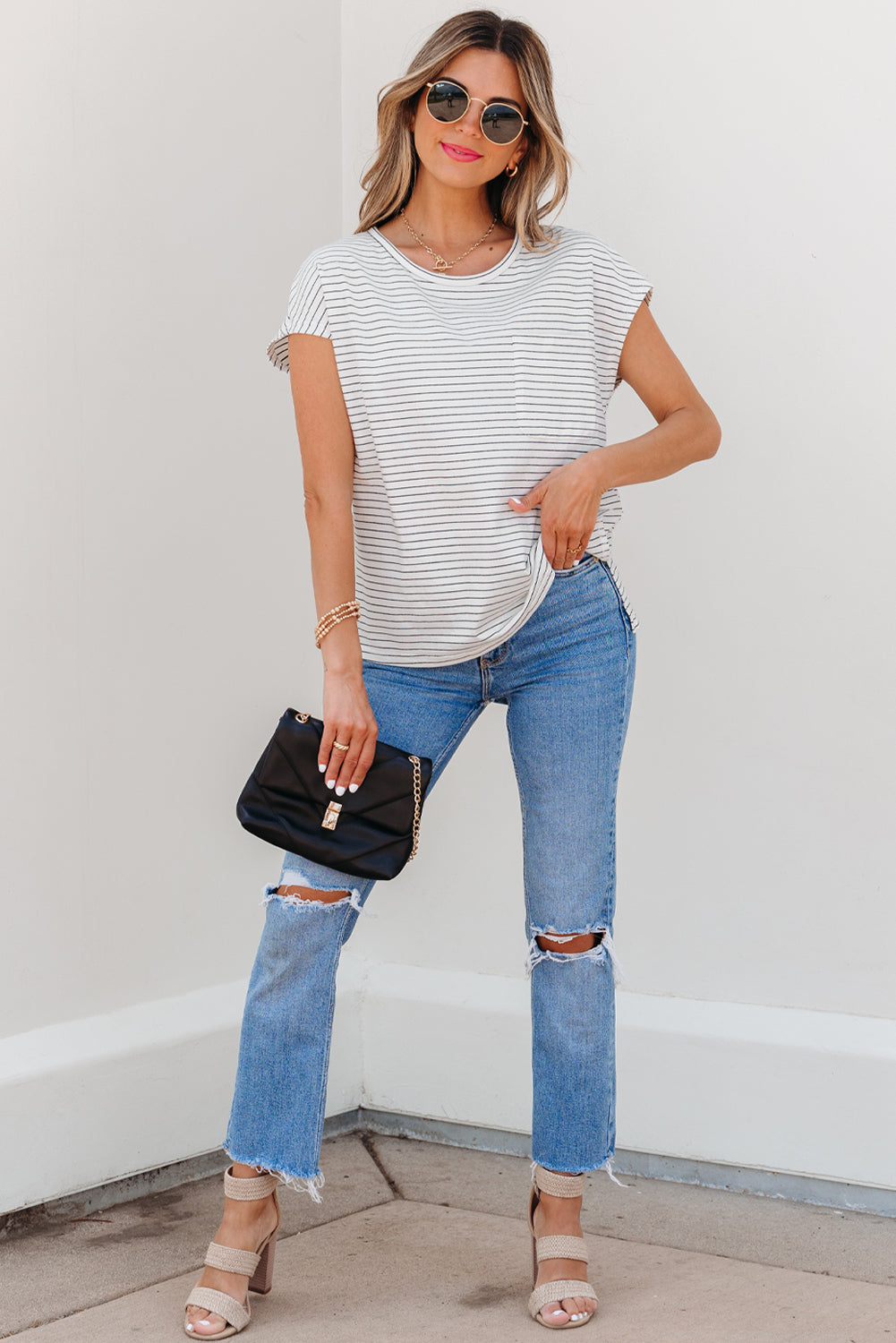 Cap Sleeve Crew Neck Casual Tee with Chest Pocket