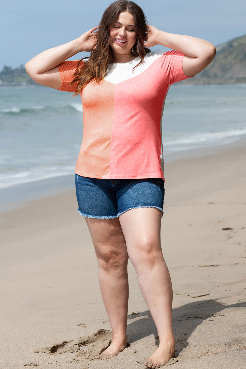 T-shirt en tricot gaufré color block de grande taille