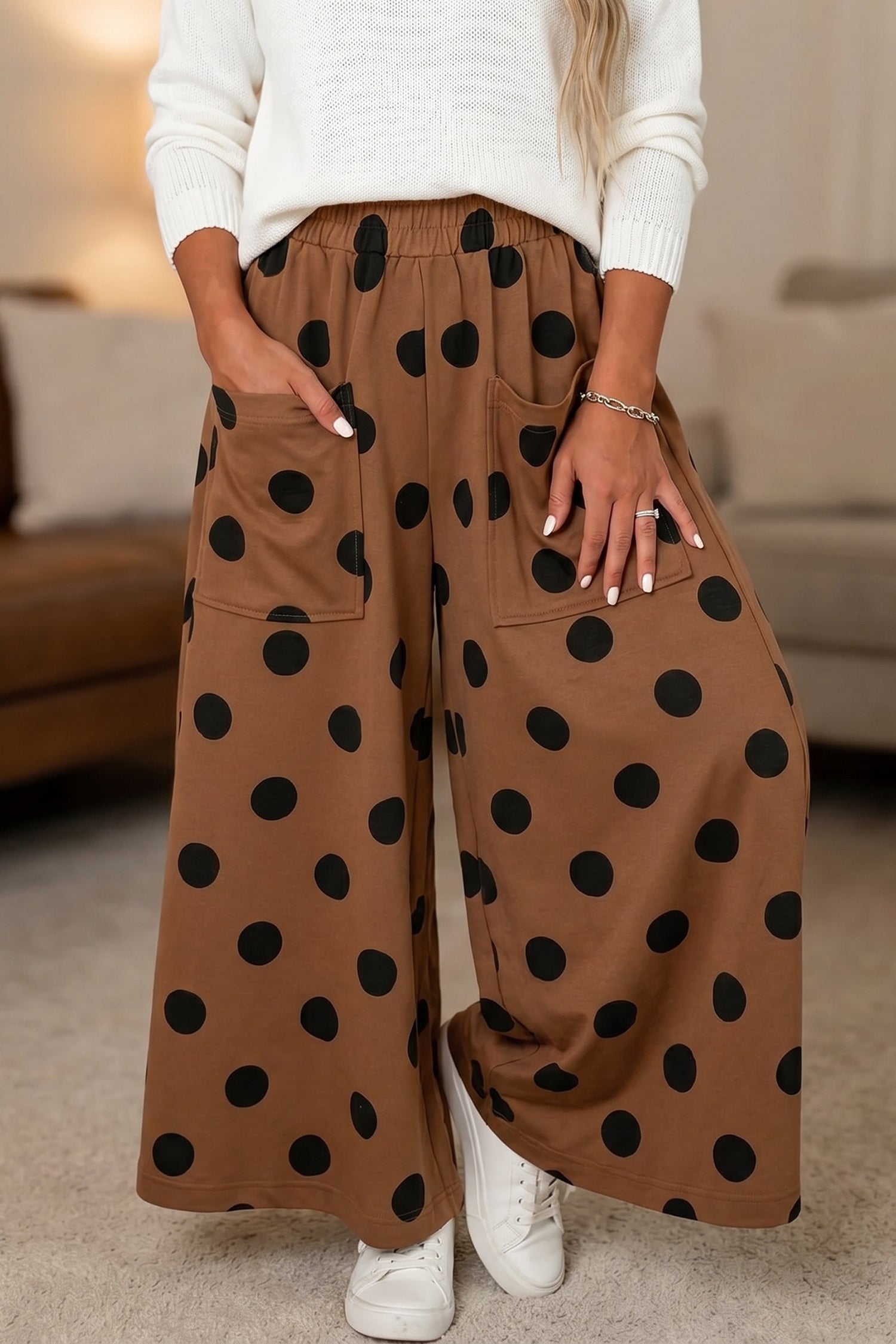 Elastic Polka-Dot Wide-Leg Waist Everyday Pants in Brown