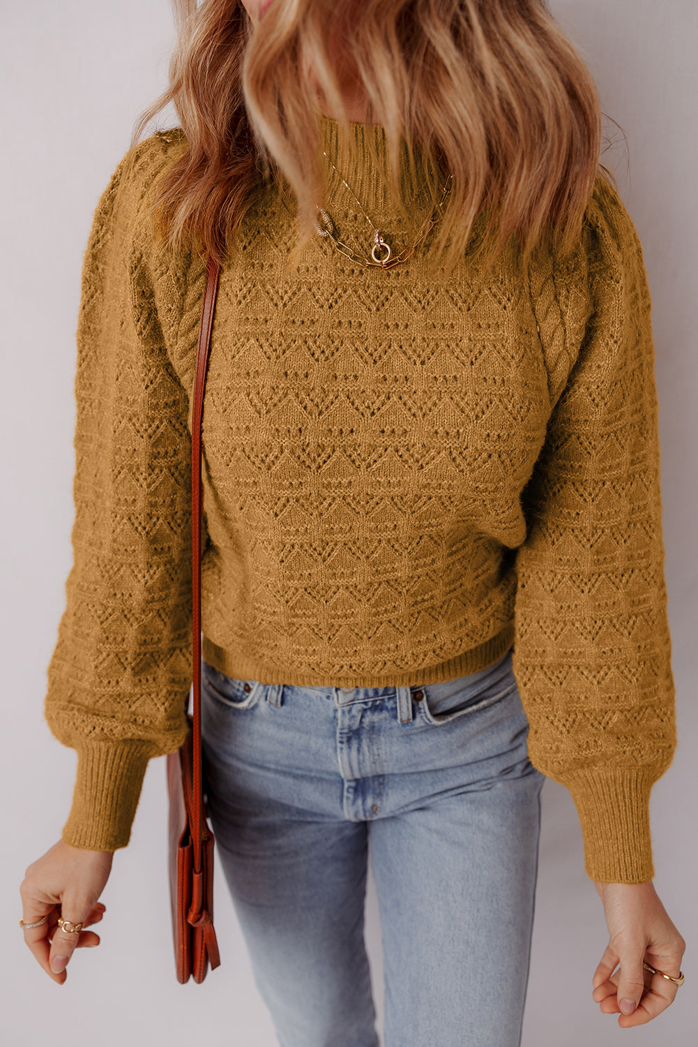 Hollow Out Crochet Rib-Knit Edge Balloon Sleeve Knit Top