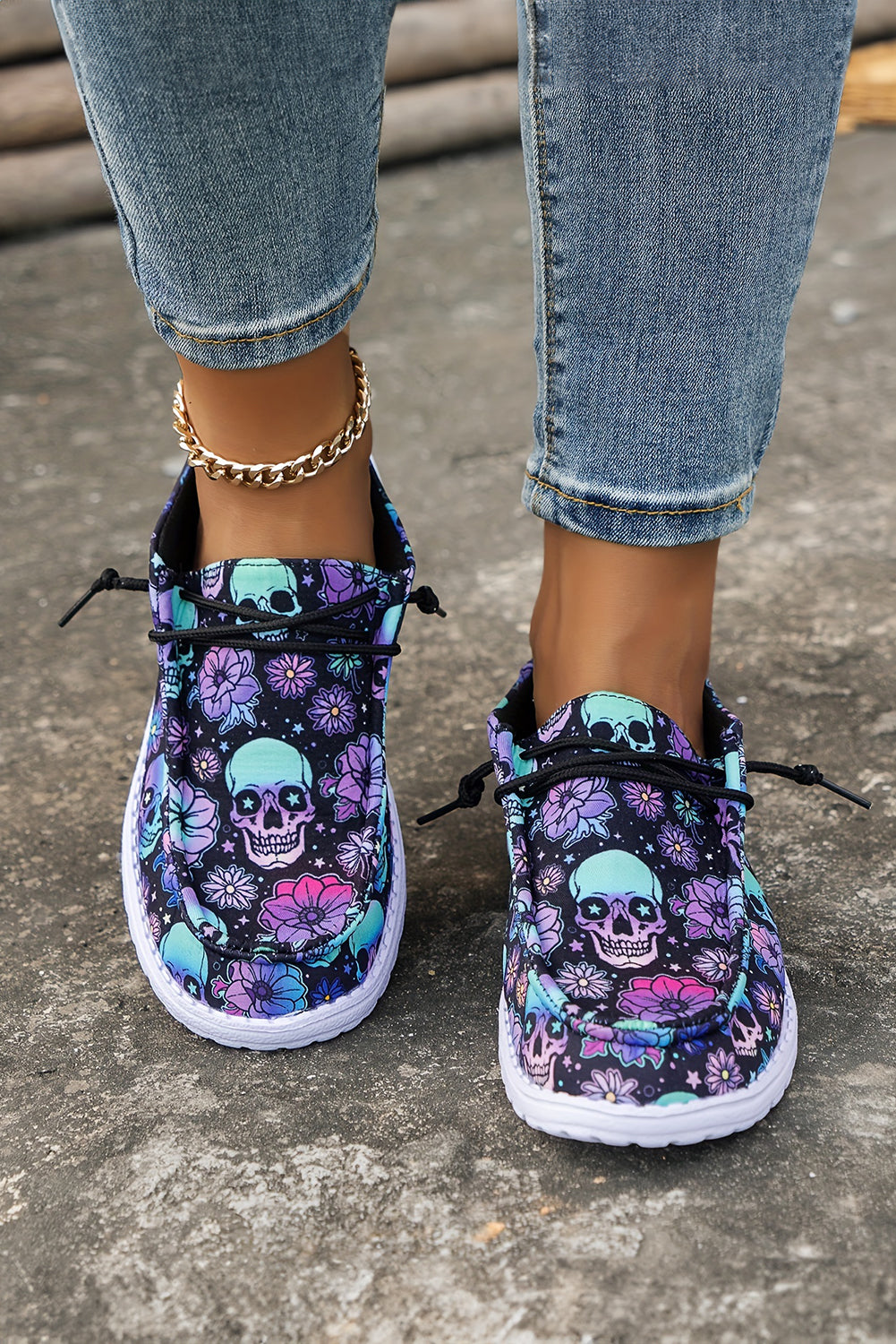 Skull Print Sugar Print Lace-up Detail Halloween Flat Shoes