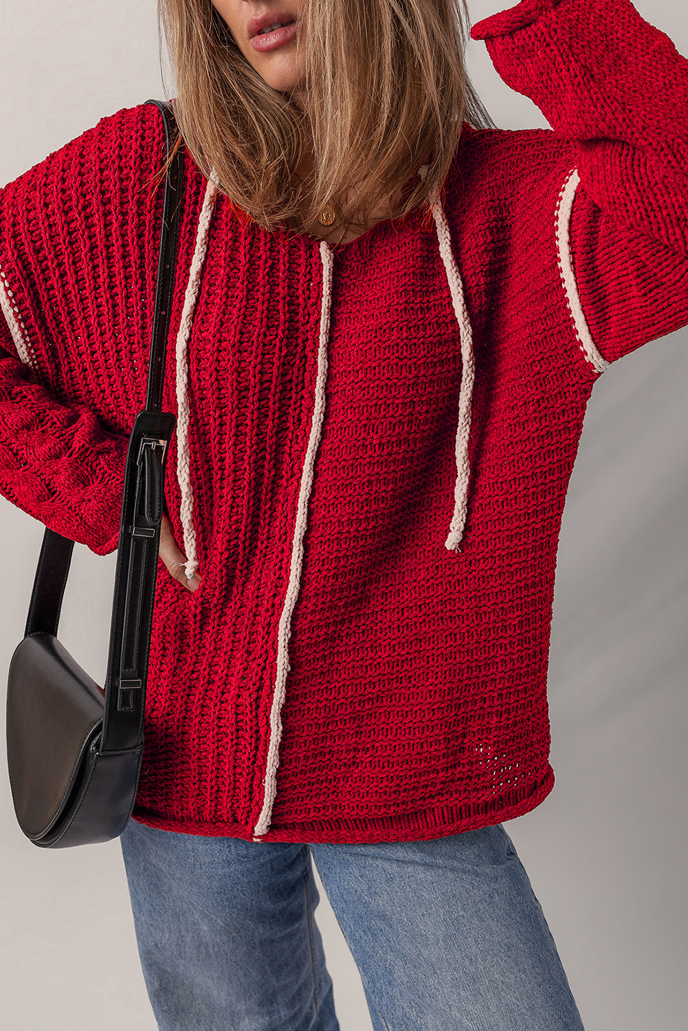 Contrast Trim Color Trim Textured Knit Drawcord Hooded Knit Top