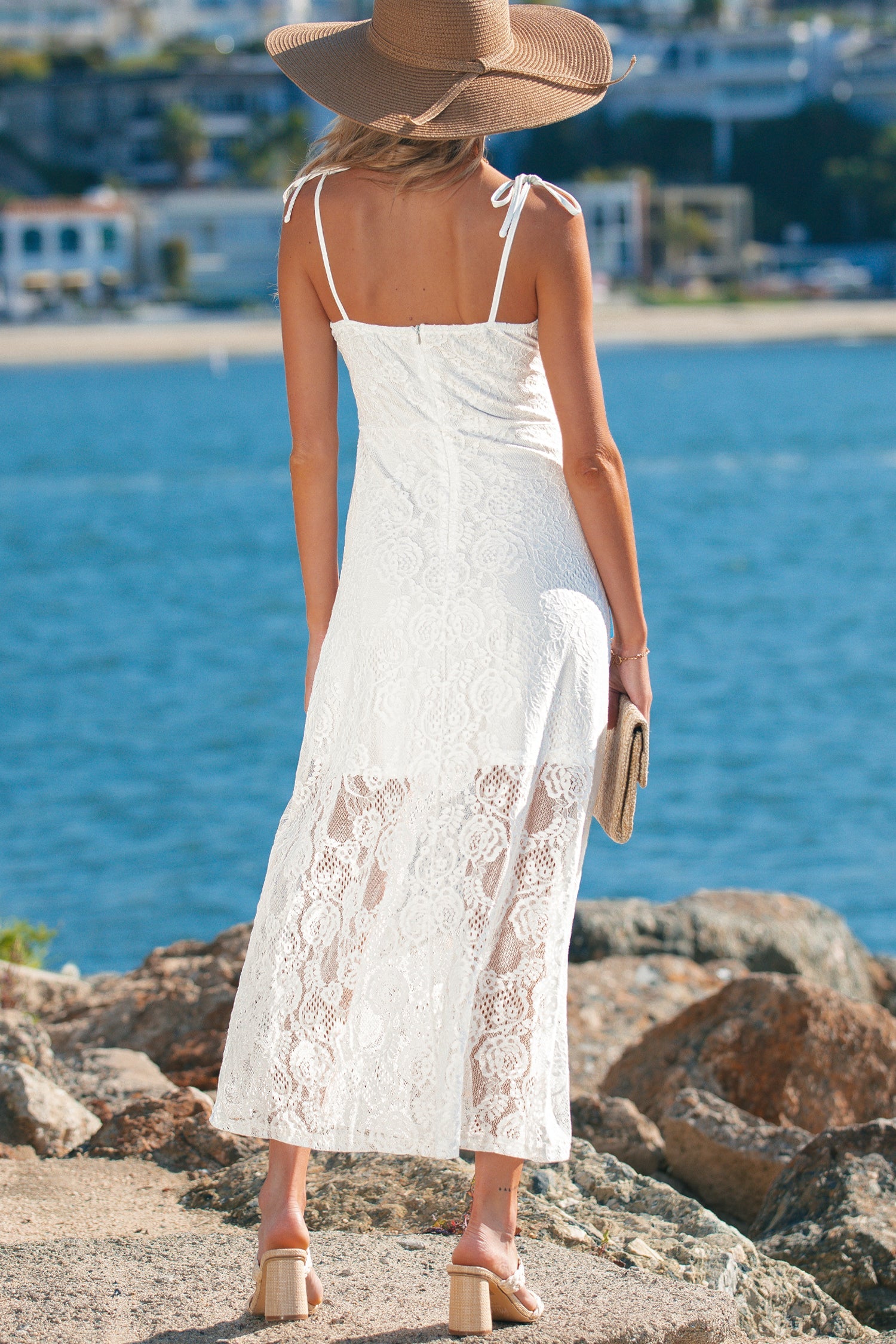 Polished Spaghetti White Tie Straps Floral Lace Overlay Long Dress