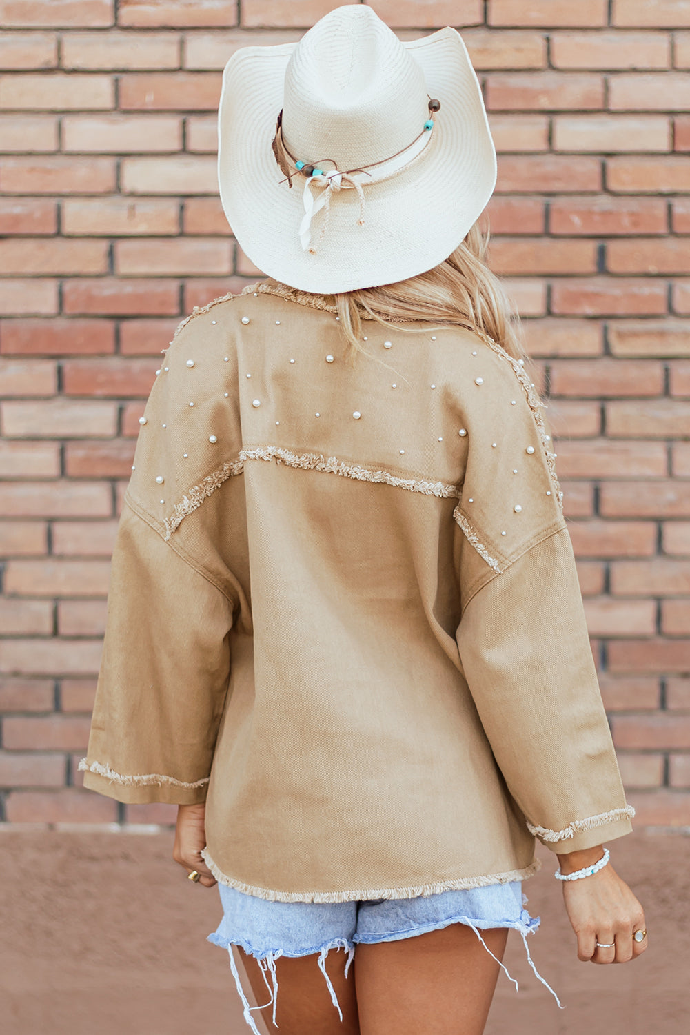 Denim Jacket featuring Beaded Raw Hem Button-Up Pearl
