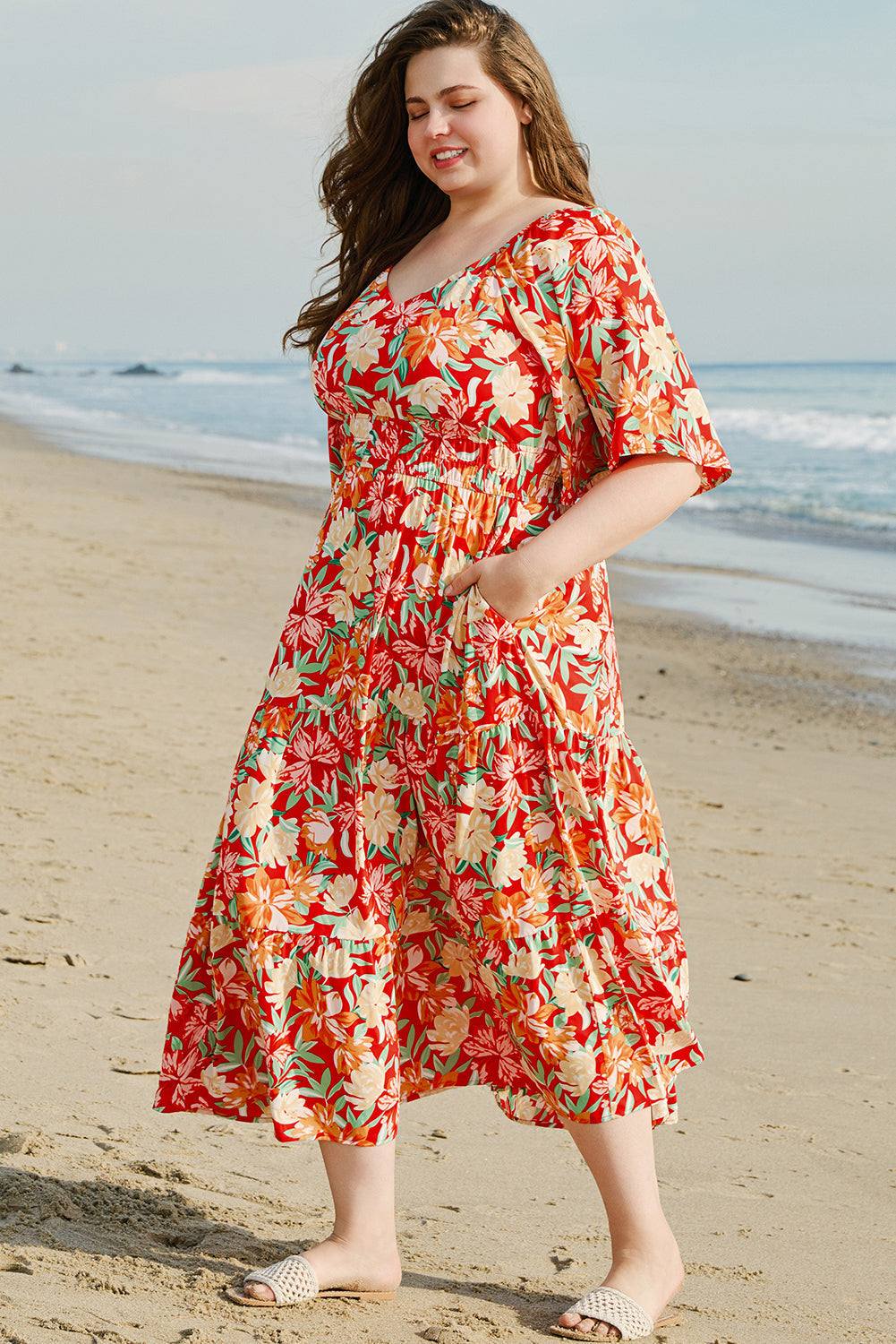 Floral Cinched Waist Long Plus Size Dress