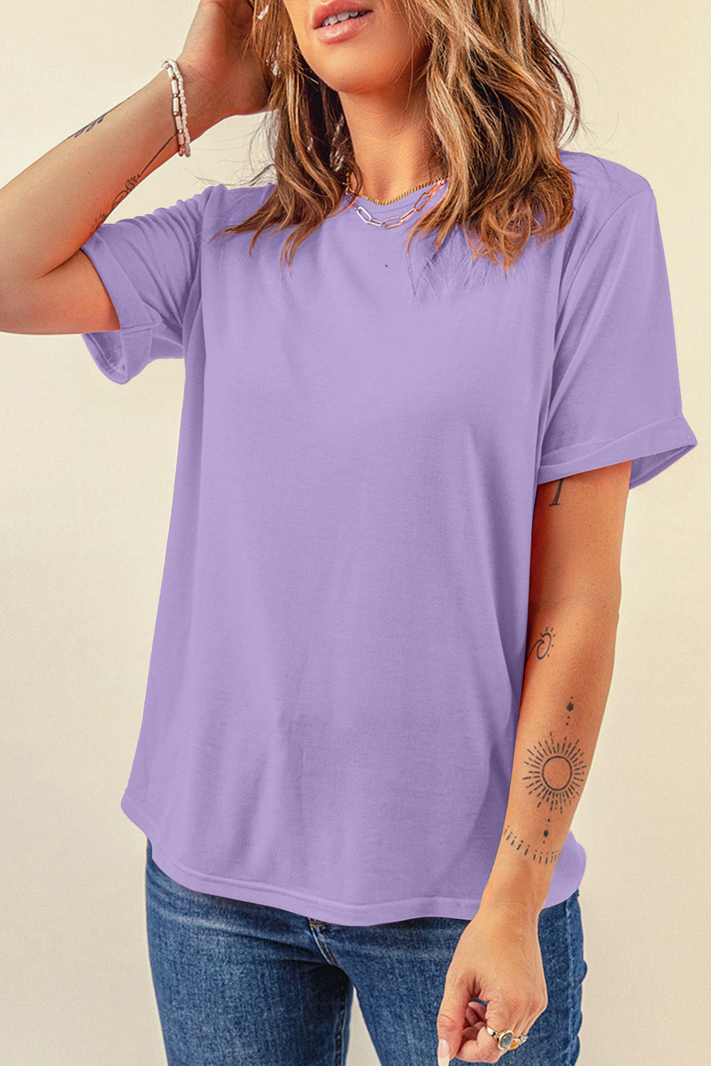Purple Casual Plain Crew Neck Tee