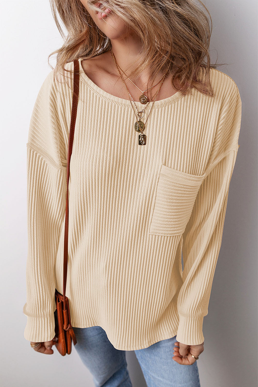 Solid Color Corded Drop Shoulder Long Sleeve Top