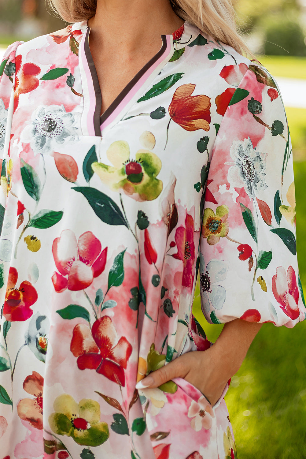 Floral V-Neck Contrast Striped Puff Half Sleeve Shift Dress