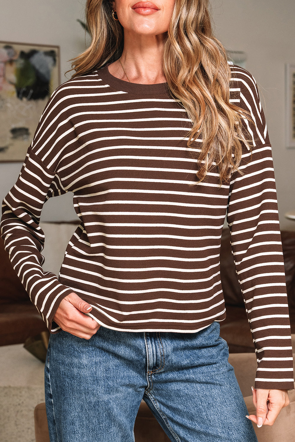 Cropped Stripe Rib-Knit Crew-Neck Long-Sleeved T Shirt in Brown